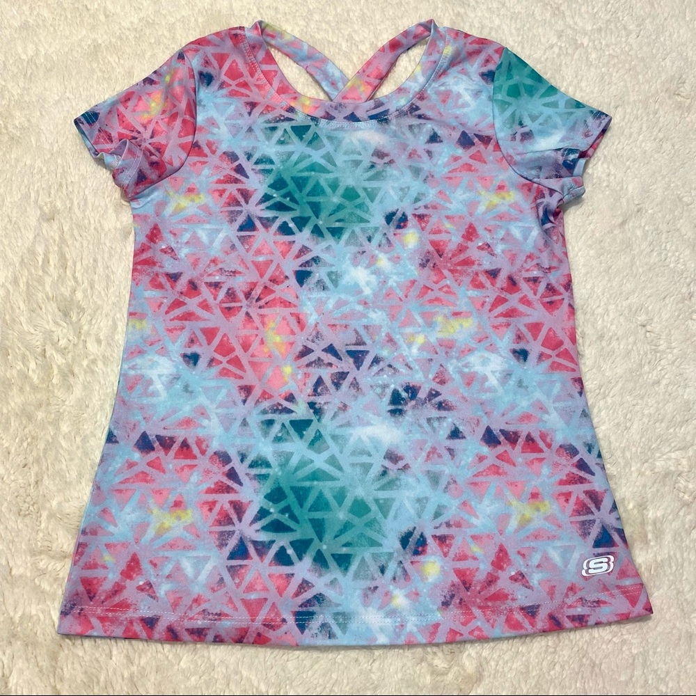Sketchers Girls 10/12 L Active Colorful Short Sleeve Shirt with Criss Cross Back